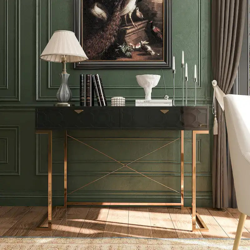 Glossy Home Office Writing Desk with Storage Drawers