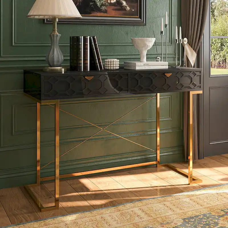 Glossy Home Office Writing Desk with Storage Drawers
