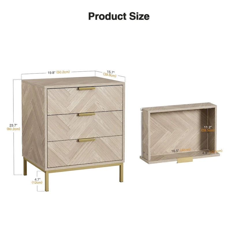 Modern 3 Drawer Wood Grain Nightstand Bedside Table with Storage for Bedroom Living Room