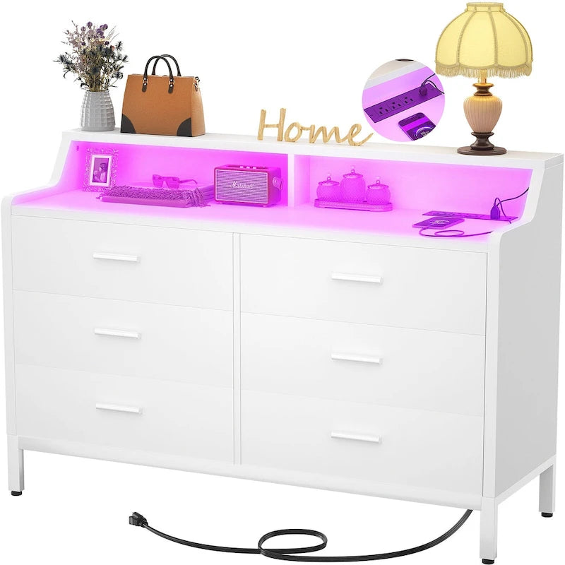 Dresser with Charge Station and LED Light, Chest of Drawers Closet Organizer with 6 Drawers