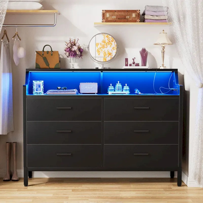 Dresser with Charge Station and LED Light, Chest of Drawers Closet Organizer with 6 Drawers