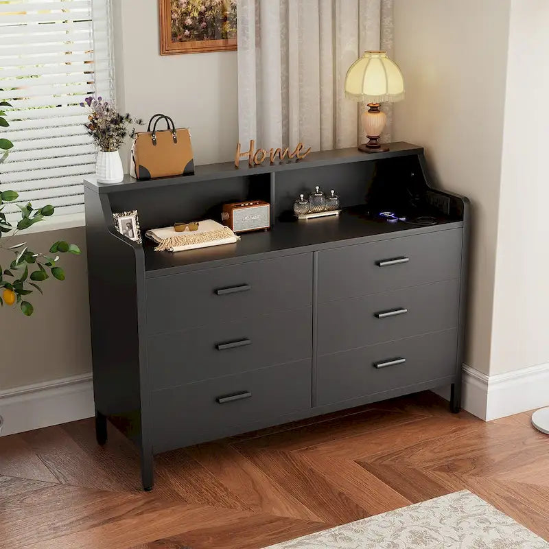 Dresser with Charge Station and LED Light, Chest of Drawers Closet Organizer with 6 Drawers