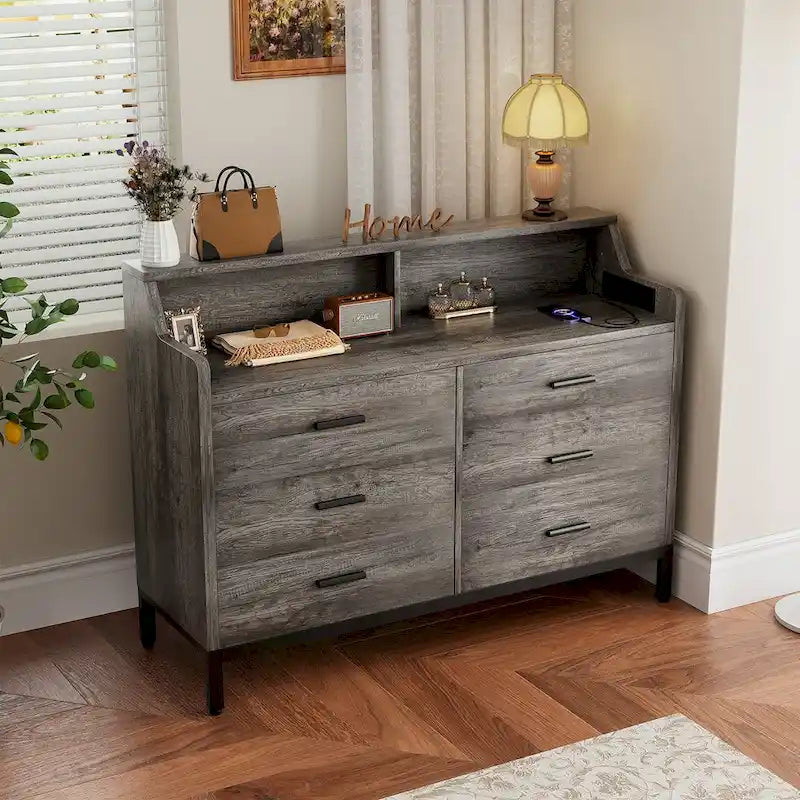Dresser with Charge Station and LED Light, Chest of Drawers Closet Organizer with 6 Drawers
