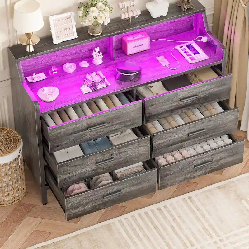 Dresser with Charge Station and LED Light, Chest of Drawers Closet Organizer with 6 Drawers