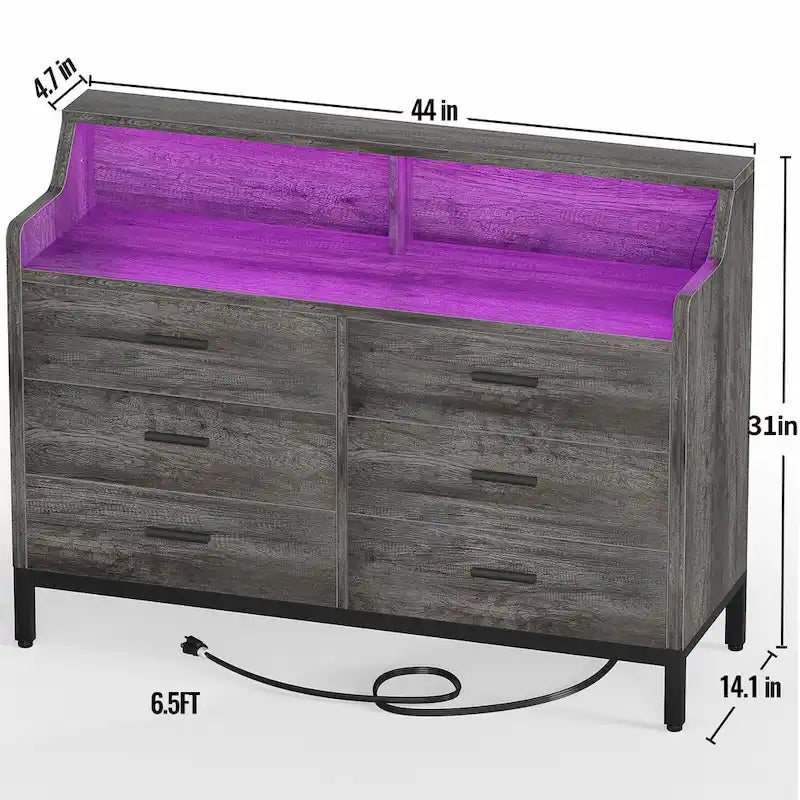 Dresser with Charge Station and LED Light, Chest of Drawers Closet Organizer with 6 Drawers