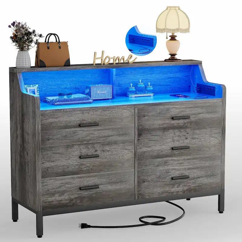 Dresser with Charge Station and LED Light, Chest of Drawers Closet Organizer with 6 Drawers