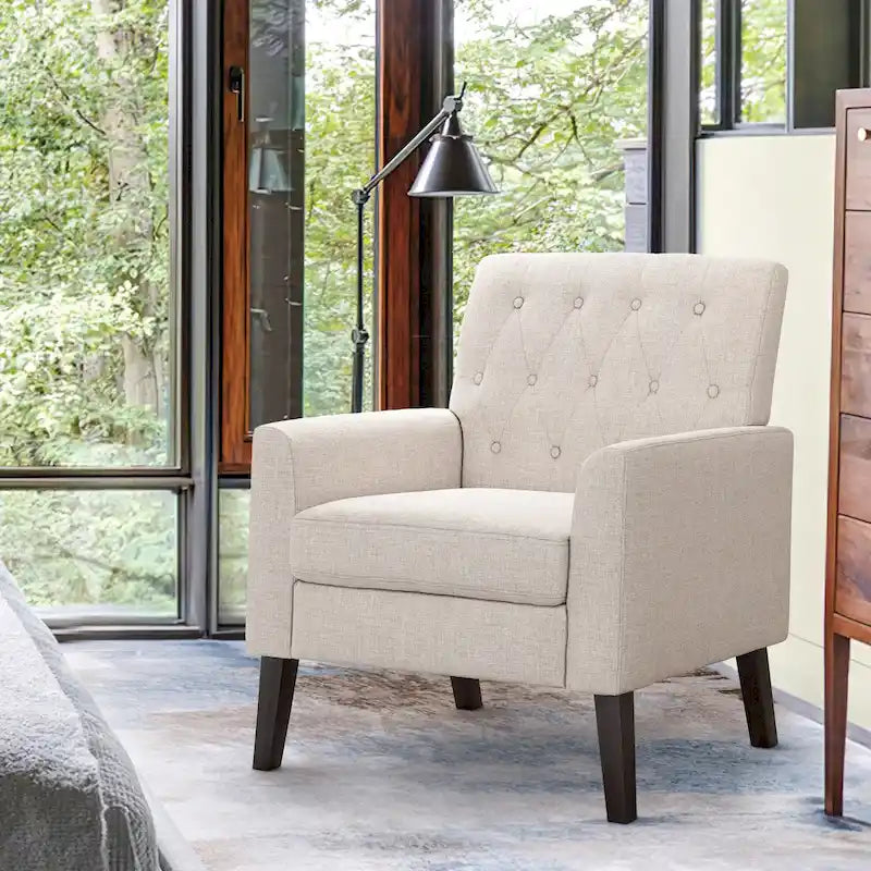 Modern Upholstered Accent Chair Linen Fabric Button Tufted Armchair with Solid Wood Frame - 28.5 W X 27.25 D X 33.75 H