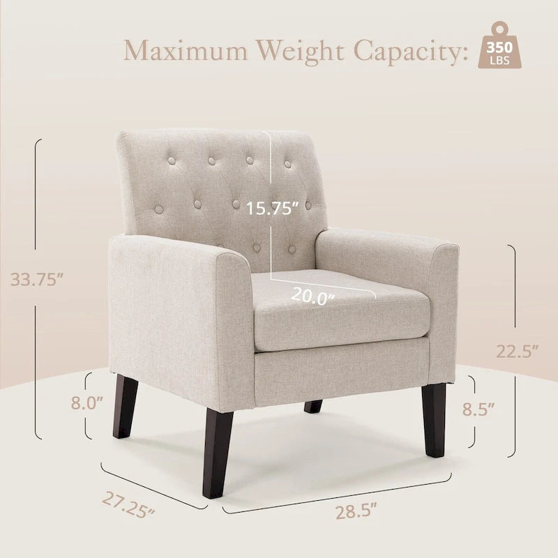 Modern Upholstered Accent Chair Linen Fabric Button Tufted Armchair with Solid Wood Frame - 28.5 W X 27.25 D X 33.75 H