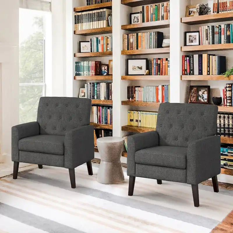 Modern Upholstered Accent Chair Linen Fabric Button Tufted Armchair with Solid Wood Frame - 28.5 W X 27.25 D X 33.75 H