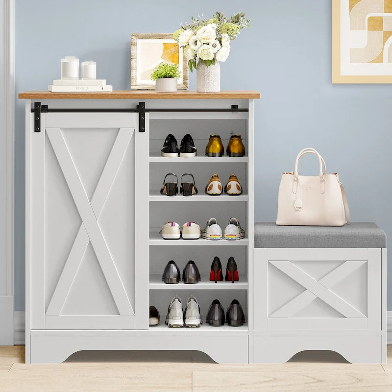 Farmhouse Shoe Cabinet with Sliding Door Shoe Bench 5-Tier Shoe Storage Cabinet with Adjustable Shelves for 20 Pairs