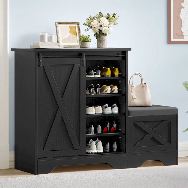 Farmhouse Shoe Cabinet with Sliding Door Shoe Bench 5-Tier Shoe Storage Cabinet with Adjustable Shelves for 20 Pairs