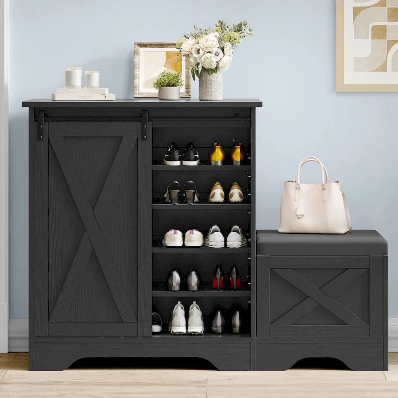 Farmhouse Shoe Cabinet with Sliding Door Shoe Bench 5-Tier Shoe Storage Cabinet with Adjustable Shelves for 20 Pairs