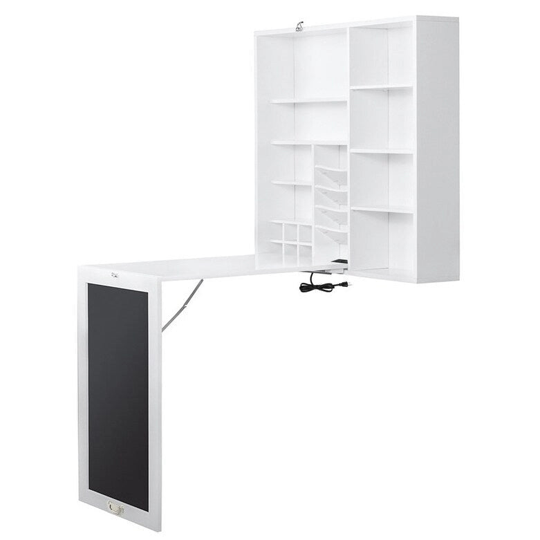Collapsible Fold Down Desk Table with Storage Cabinet & Shelves, Computer Desk Storage with USB Charging, White