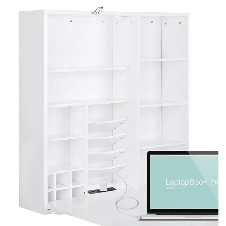 Collapsible Fold Down Desk Table with Storage Cabinet & Shelves, Computer Desk Storage with USB Charging, White