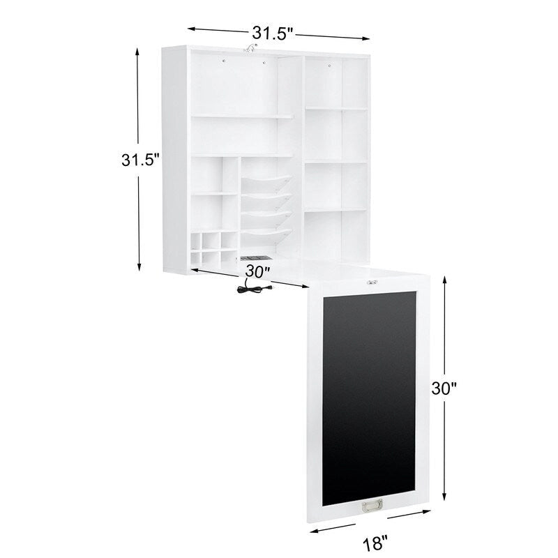 Collapsible Fold Down Desk Table with Storage Cabinet & Shelves, Computer Desk Storage with USB Charging, White